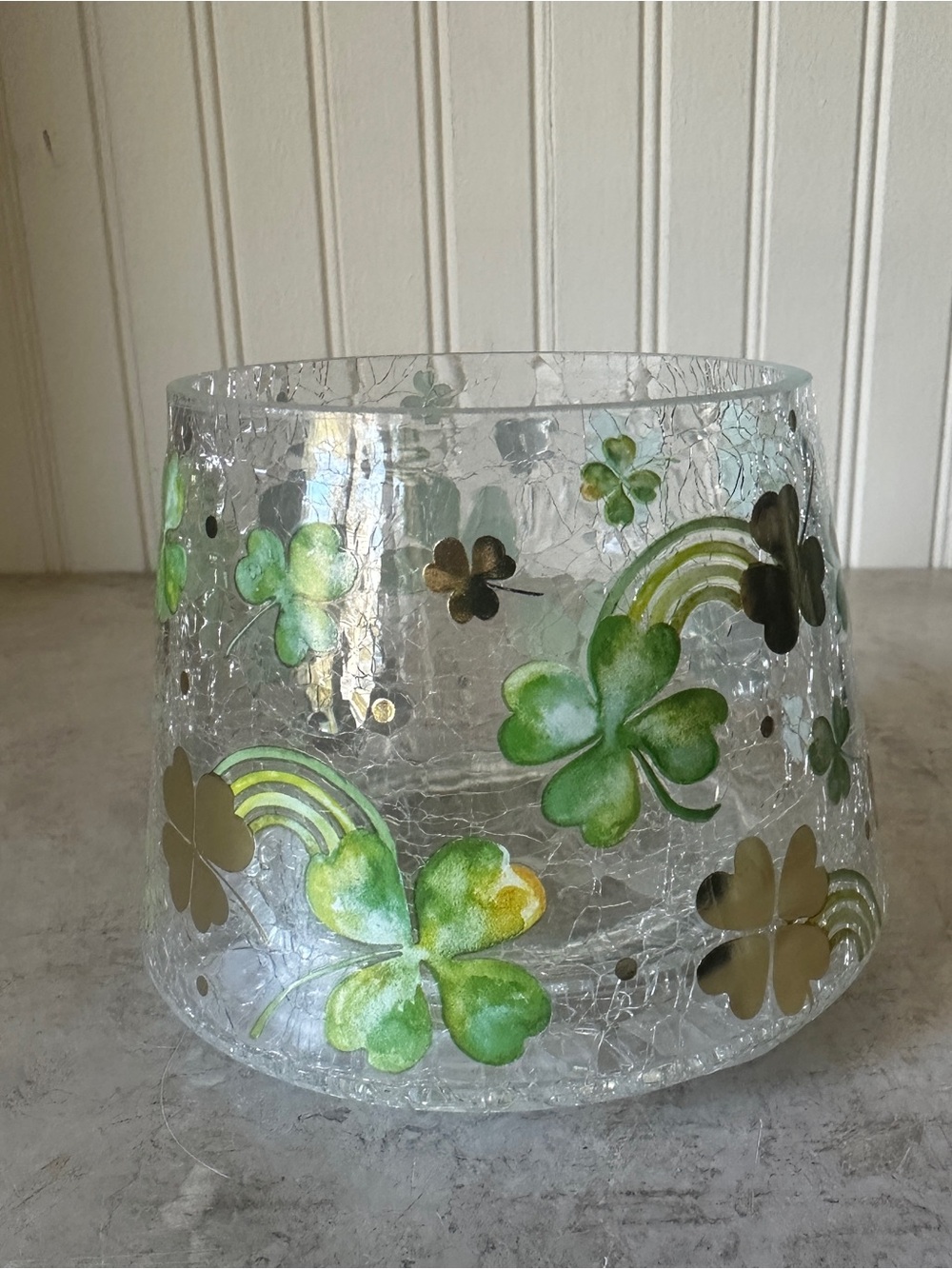 Yankee Candle St Patrick’s Day Gold Shamrocks Rainbows Crackle Shade Topper New